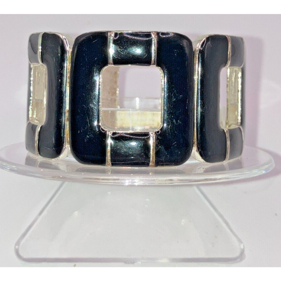 Black & Silver-Tone Metal Rounded Squares Stretch 3.5 Inch Bracelet Vintage! - Picture 7 of 8